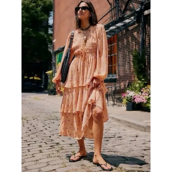 Free People Bohemian Gypsy Tiered Ruffle Maxi Dress Size Large Plunge Billowy - Image 7