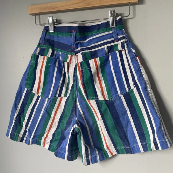 Extra Blues Vtg. 1990's High Rise Shorts Blue Green Stripes 100% Cotton Size 5 - Image 4