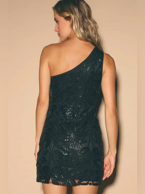 Lulus Madina Black Sequin‎ One-Shoulder Bodycon Mini Dress size small NWT - Image 2