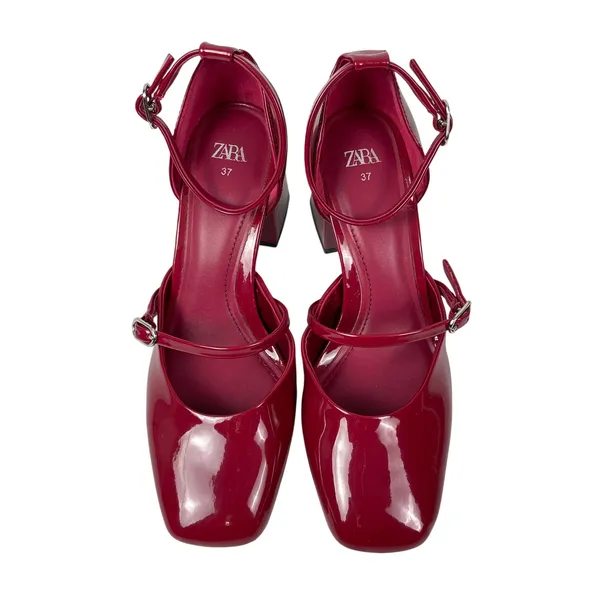 Zara Womens Red Square Toe Block Heels Ankle Strap Mary Jane Pumps Shoes 37 US 6 - Image 2