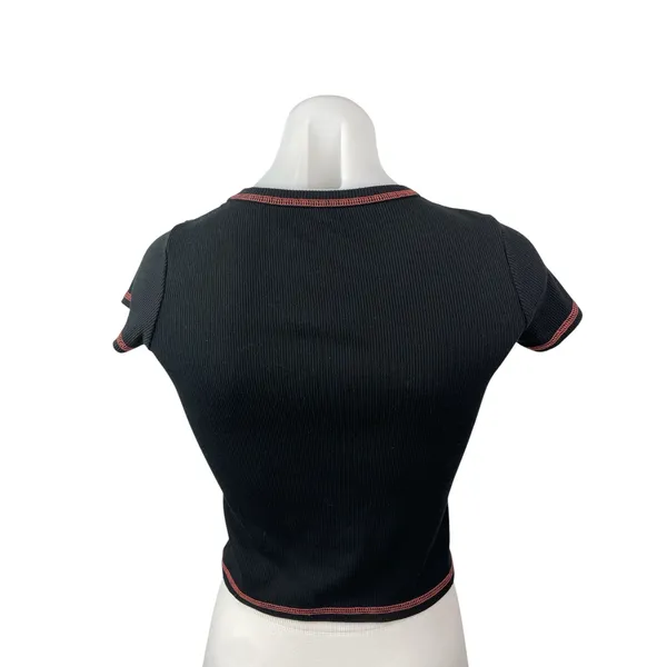 Art Class Hibiscus Embroidery Black Ribbed Crop Crew Neck Baby Tee T-Shirt Top L - Image 4