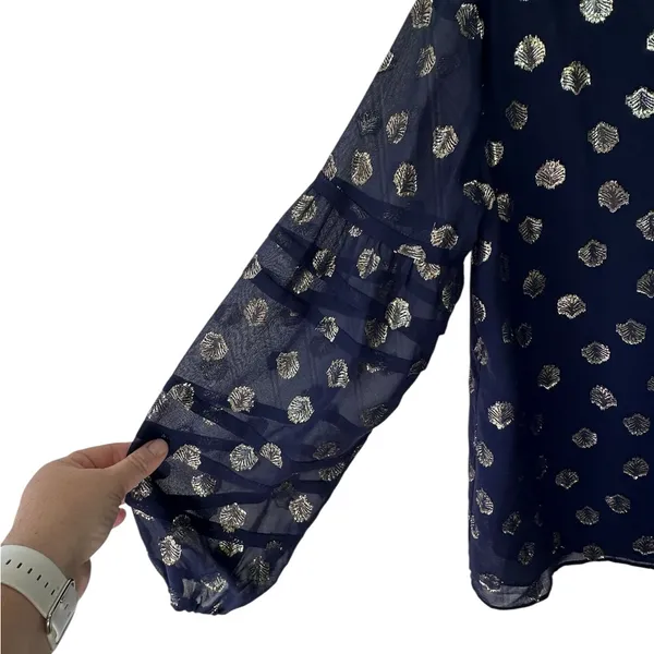 Lilly Pulitzer Giana Silk Top Navy and Gold V Neck Balloon Puff Long Sleeve SZ S - Image 2