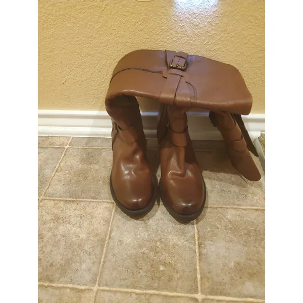 CLARKS Riding Boots Knee High Brown Leather Chunk Heels Buckle Details Size 6.5M - Image 8