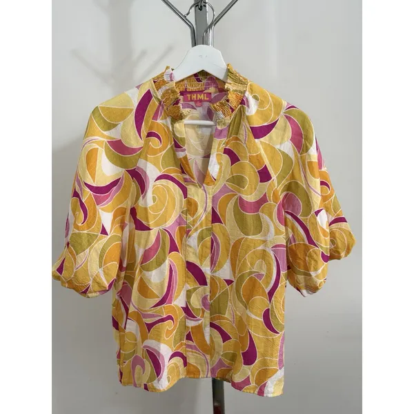 THML Women’s Yellow Pink Abstract Swirl Puff Sleeve V-Neck Blouse Top Size M - Image 2