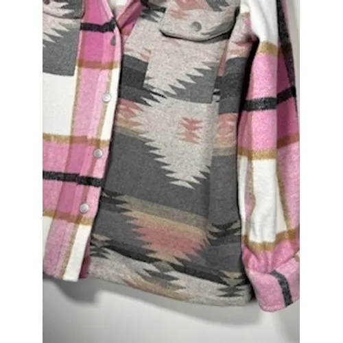 Entro Shacket Pink Aztec Plaid Colorblock Button Front Southwestern Boho Large - Image 2