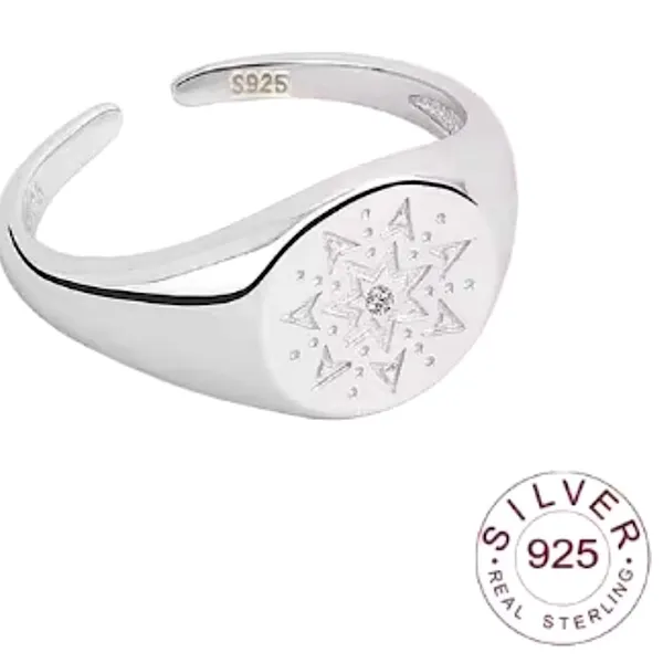 Boutique Unisex White Gold Plated S925 Diamond‎ Signet Sun Ring, Adjustable - Image 5