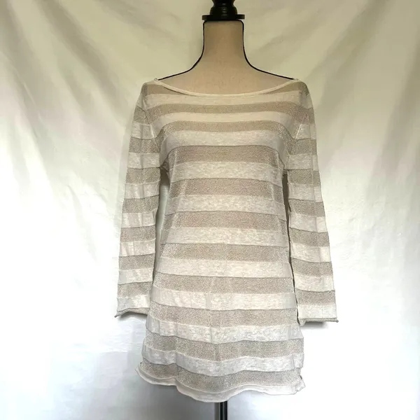 Tory Burch Metallic Stripe Tunic Sweater Sz M Coastal Quiet Luxury Bateau Preppy - Image 13