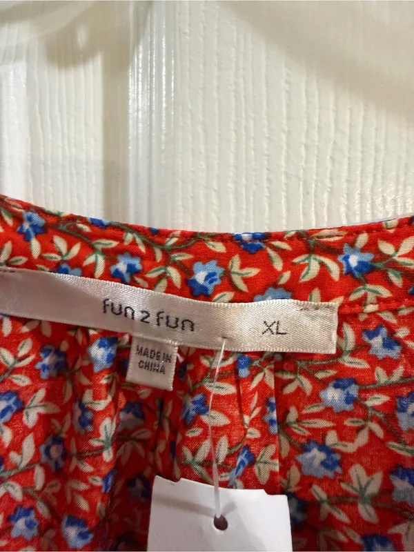 fun 2 fun Red Floral Short-Sleeve Blouse with Blue & White Accents - Image 2