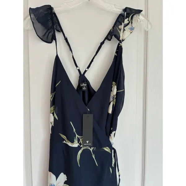 Lulus All Mine Navy Blue Floral Print High-Low‎ Wrap Dress M 65229 NWT - Image 13