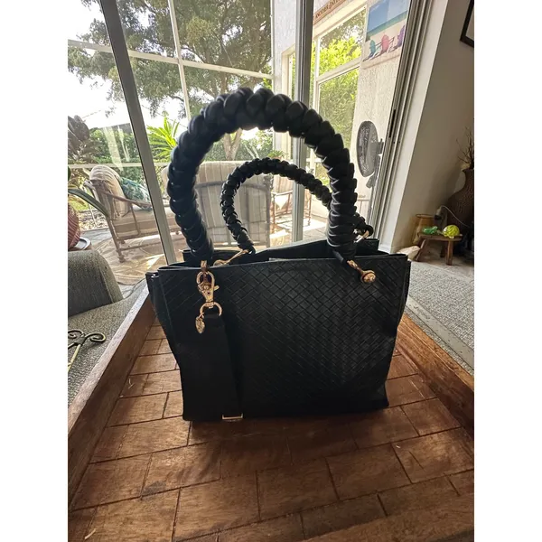 ALDO Gloadithh‎ Black Woven Faux Leather Tote Bag Gold Hardware Top Handle Purse - Image 2