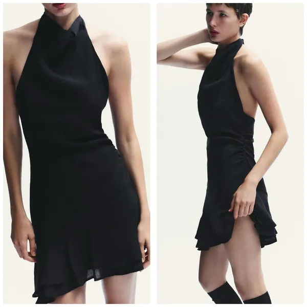 NWT Zara Black Halter Asymmetrical Ruffle Mini Dress Medium Fairy Whimsigoth - Image 8