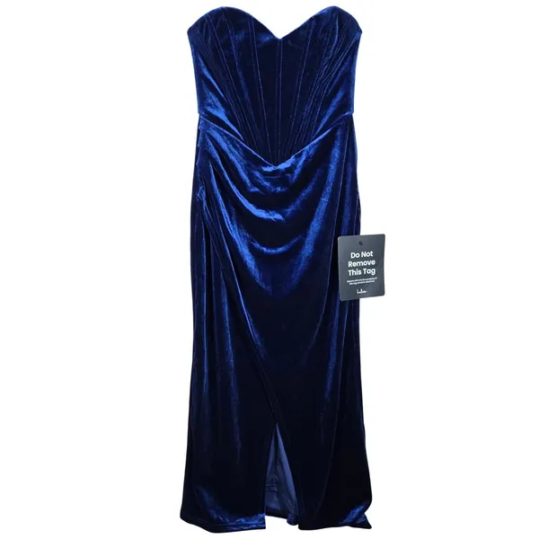 Lulus Masterfully Flirty Dark Blue Velvet Bustier Midi Dress Strapless Small - Image 3