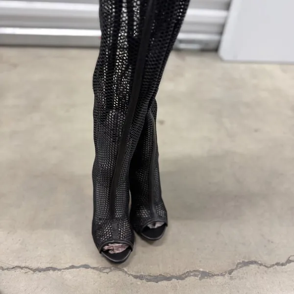 Bamboo Black Mesh Over The Knee Boots Open Toe Gold Block Heel Womens 7 - Image 6