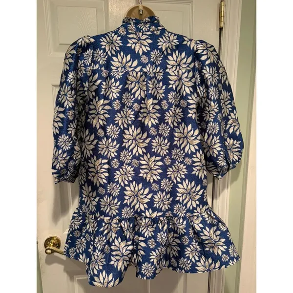 &merci Kay Dress‎ Blue Gold Floral Ruffle Tiered Puff Sleeve Jacquard Medium NWT - Image 2