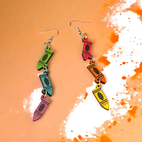 Boho Mismatched Asymmetrical Whimsical Novelty Style‎ Crayon Teacher Earrings - Image 2