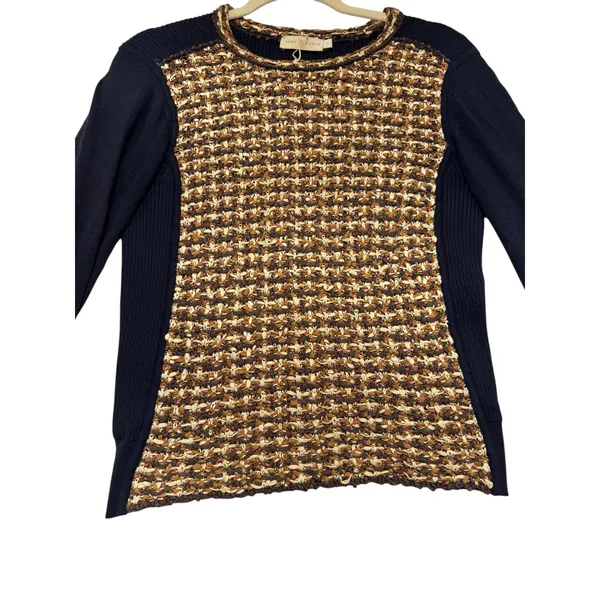 Tory Burch Black Knit Sweater‎ Textured Metallic Front Panel XS - Image 4