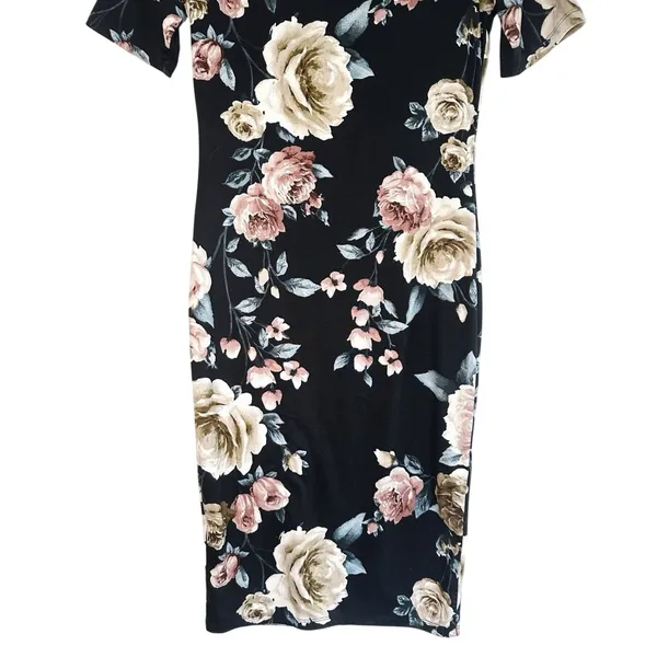 Haute Monde Floral Midi Dress M Black Off The Shoulder Sheath Bodycon‎ Pink Rose - Image 9