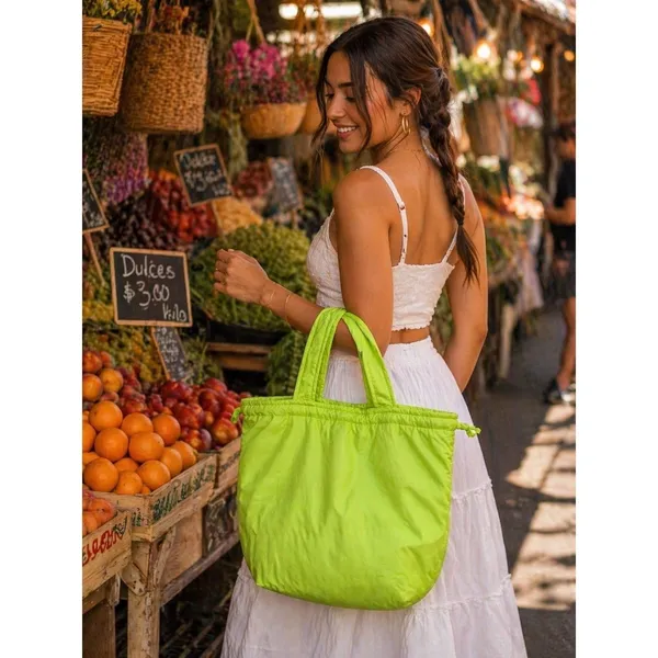 Neon Green Nylon Tote Bag Ruched Top Shoulder‎ Bag Lightweight Large - Image 2