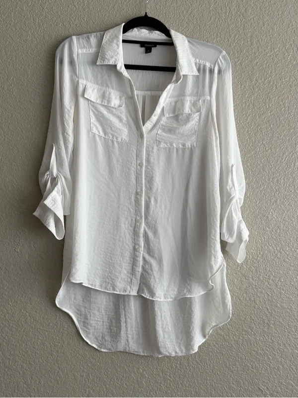 a.n.a White Button Down High Low Roll Tab Sleeve Utility Blouse Shirt Small - Image 7