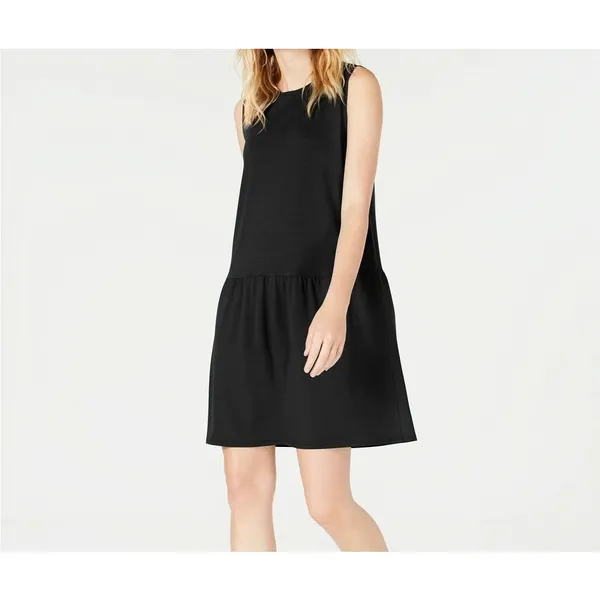 Eileen Fisher Black Tencel Jersey Drop Waist Mini Dress Size Medium‎ Minimalist - Image 2