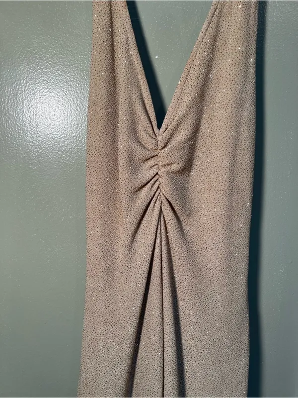Vintage Bari Jay Women's Maxi Dress Halter V-Neck Cinched Beige‎ Gold Glitter - Image 5