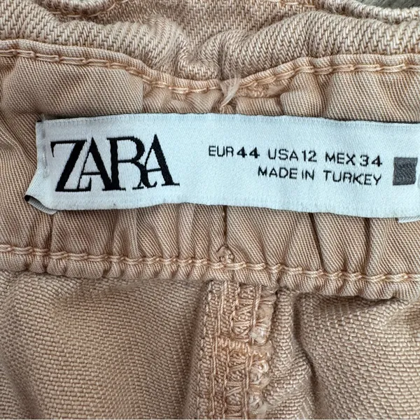 Zara High Rise Barrel‎ Leg Paper Bag Crop Jeans Baggy Beige Peach 12 - Image 8