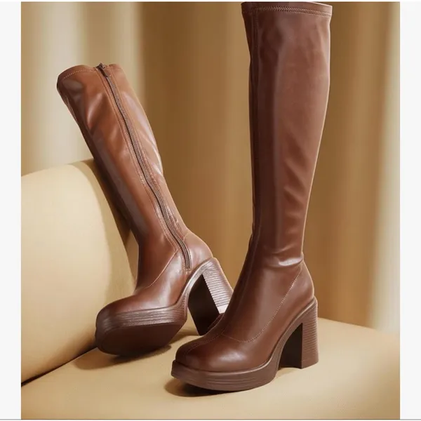 NEW Vegan Leather Knee Platform Chunky Heel Side Zipper High Boots 11 - Image 7