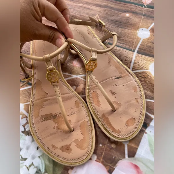Tory Burch Tan Sandals with Gold Medallion - Image 2