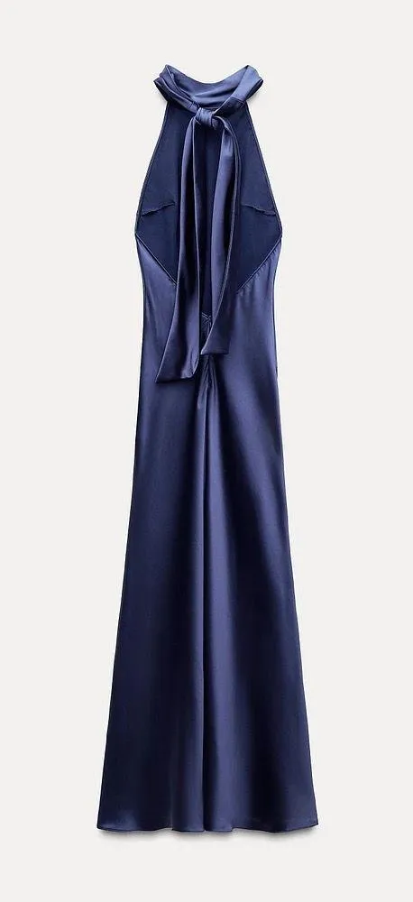 Zara maxi dress satin slip gown Elegant blue Halter formal party wedding prom - Image 15