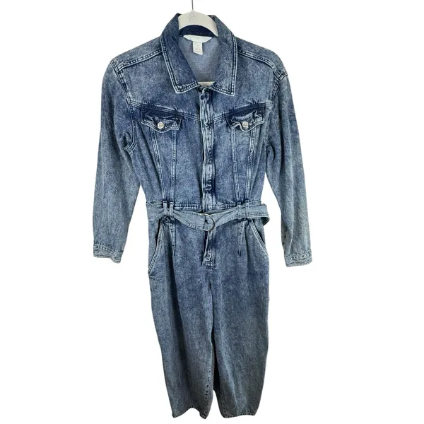 ZARA 100% Cotton‎ Acid Wash Long Sleeve Belted Button Down Denim Jumpsuit Size M - Image 2