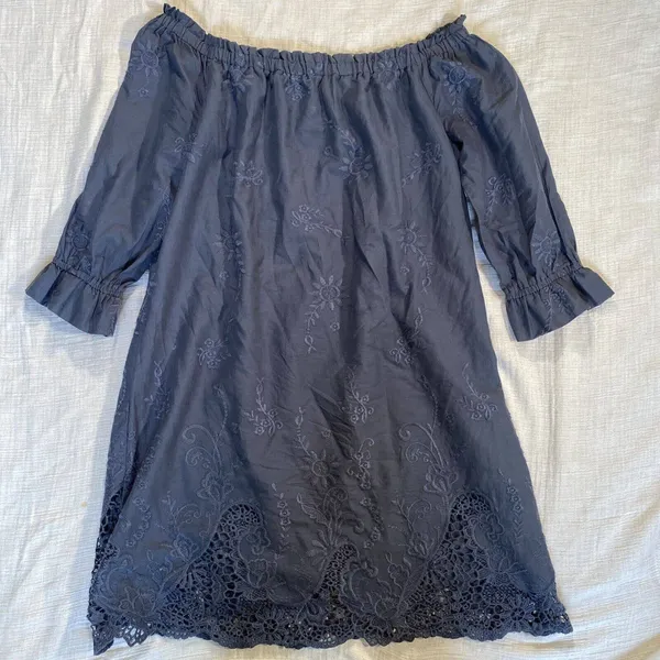 Abercrombie &‎ Fitch Off the Shoulder Blue Embroidered Loose Fit Dress Small - Image 4