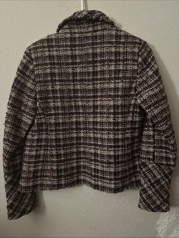 Textured Plaid Tweed Blazer Jacket in Black and Cream - Image 6