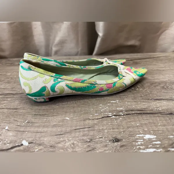 Vtg Prada SS2003 Green‎ Brocade Flat Shoes 37.5 - Image 4
