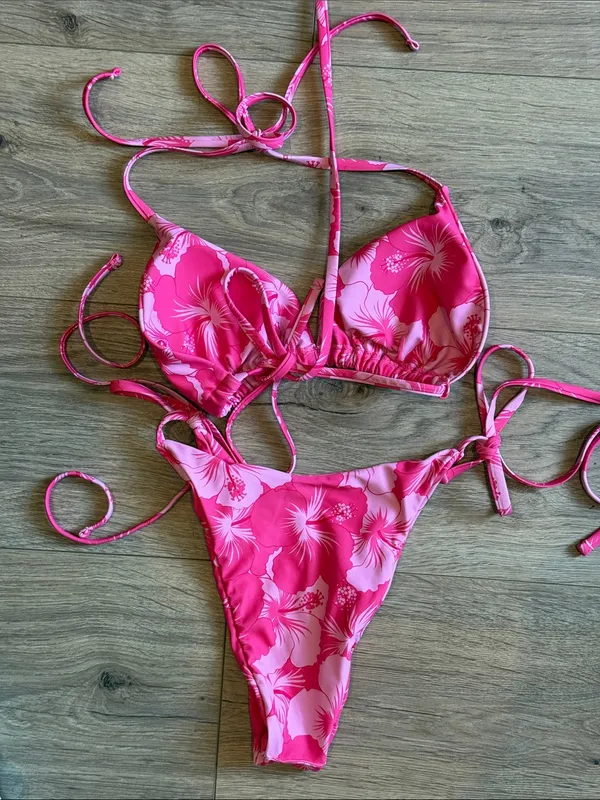 Hot Pink Tropical Floral Triangle String Bikini Size Large - Image 2