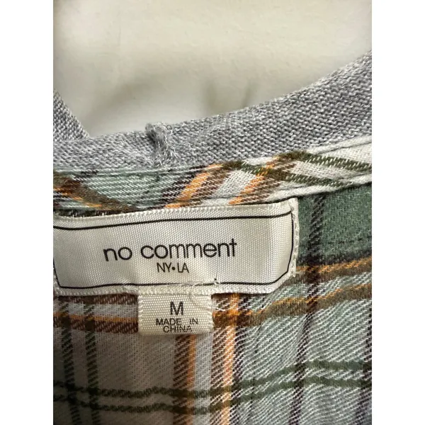 No Comment Plaid Hooded Cropped Flannel Shirt Green Gray Grunge Medium - Image 6