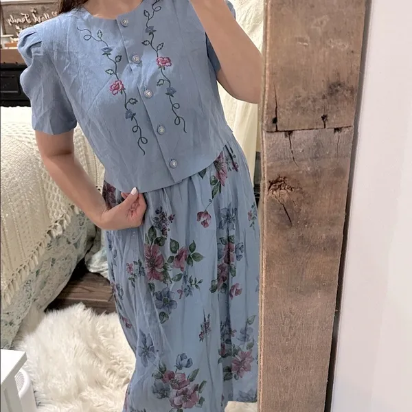 Vintage Miss Dorby Floral Blue Dress with Embroidered Details size XLarge - Image 4