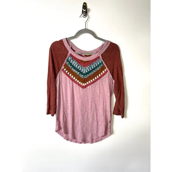 Free people spring bound crochet raglan‎ 3/4 sleeve top women's XS - Image 2