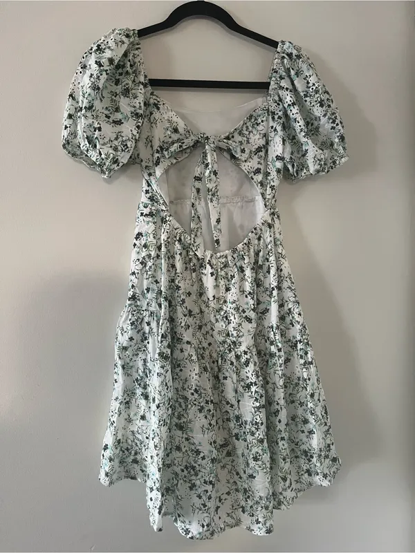 100% Cotton Green White Floral Puff Sleeve Mini Dress Small Cottagecore Romantic - Image 4