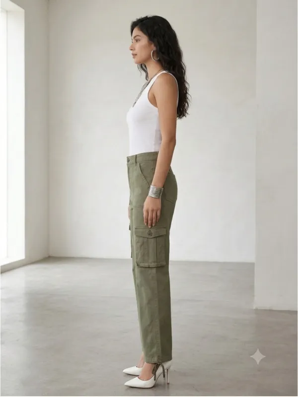 Olive Green Cargo Pants Women's Small Y2K Utility Parachute Pants Drawstring Hem - Image 2