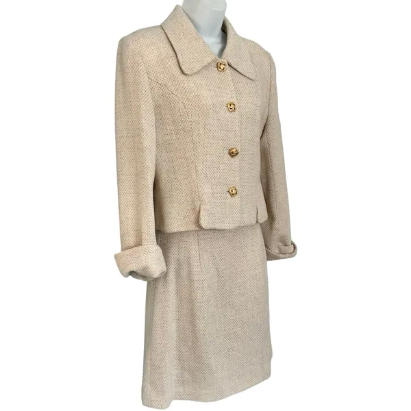 Bosch White Beige Cream Gold Button Luxury Regal Tweed Skirt Suit size 6 / L - Image 14