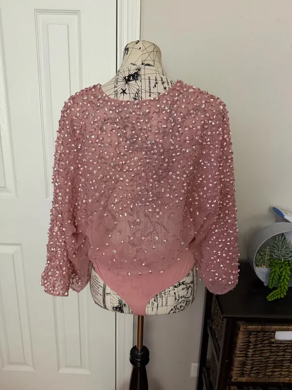 NWOT Asos Maya Bodysuit Sequin Embellished Blush Wrap Blouse sz 8 - Image 6