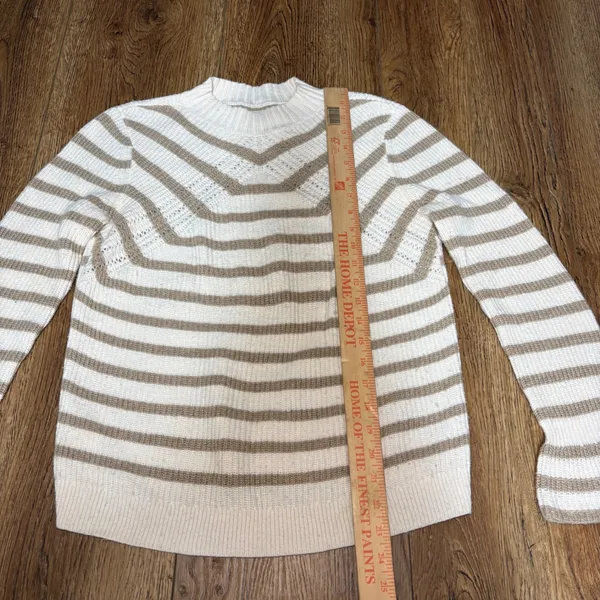 LOFT Mock Neck Striped Sweater Size Medium Flare Long Sleeve‎ White Brown Wool - Image 3