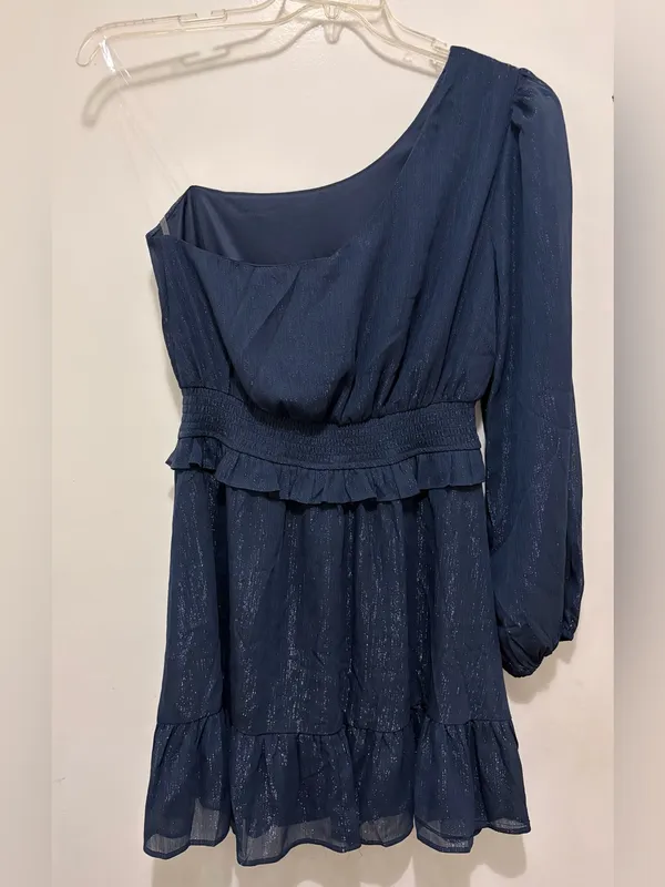 Lush Navy One-Shoulder Shimmer Mini‎ Dress Medium NWT - Image 3