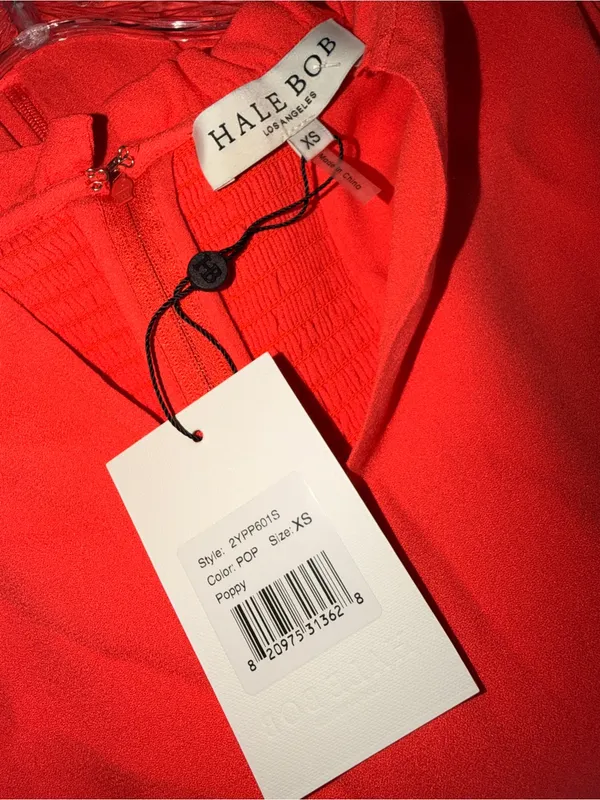 Hale Bob Poppy Red Ruched Asymmetric Mini Dress XS NWT Puff Sleeve V-Neck - Image 4