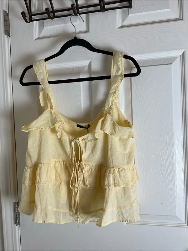 Zara Linen Blend Tiered Ruffle Cami Top Pastel Yellow M NWT Romantic Fairy - Image 2