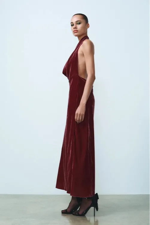 Zara maxi holiday dress velour Velvet Halter in Burgundy wedding party evening - Image 12