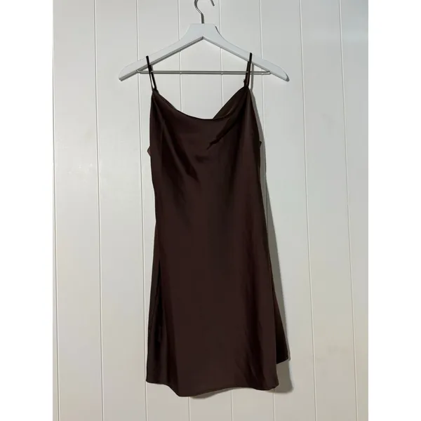 Urban Outfitters Mallory Cowl Slip Mini Dress Satin Sheen Brown - Image 2