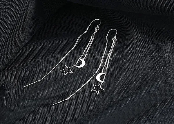 Silver Moon Star Threader Long Tassel Earring Chain, Drop Dangle Woman Earrings - Image 7