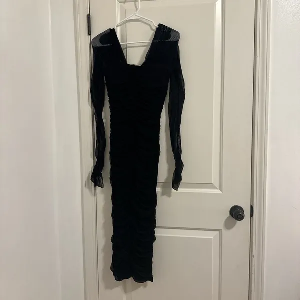 A.L.C. Black Ruched Long-Sleeve Midi Dress - Image 3