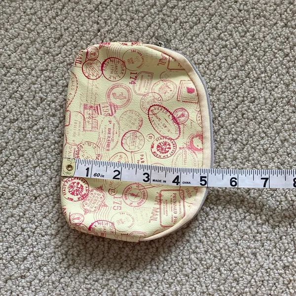 Ipsy Cosmetic Case Passport Stamps Bag Yellow Orange 5” x 7” Like New - Image 4